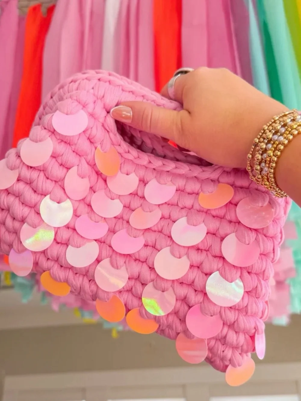 Gemelli Iridescent pink Sequin Tropez Crochet Bag